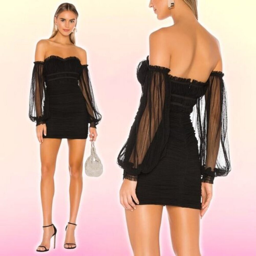 NWT MAJORELLE Zata Pleated Mesh Mini Off The Shoulder Dress Size XXS Black